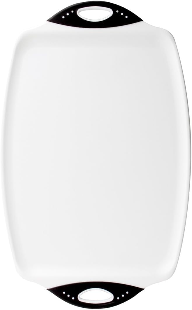 Dexas Chop & Scoop Cutting Board, 9.5 x 13 Inch, White and Black, BPA-Free Dishwasher Safe Kitchen Prep Board with Handle
