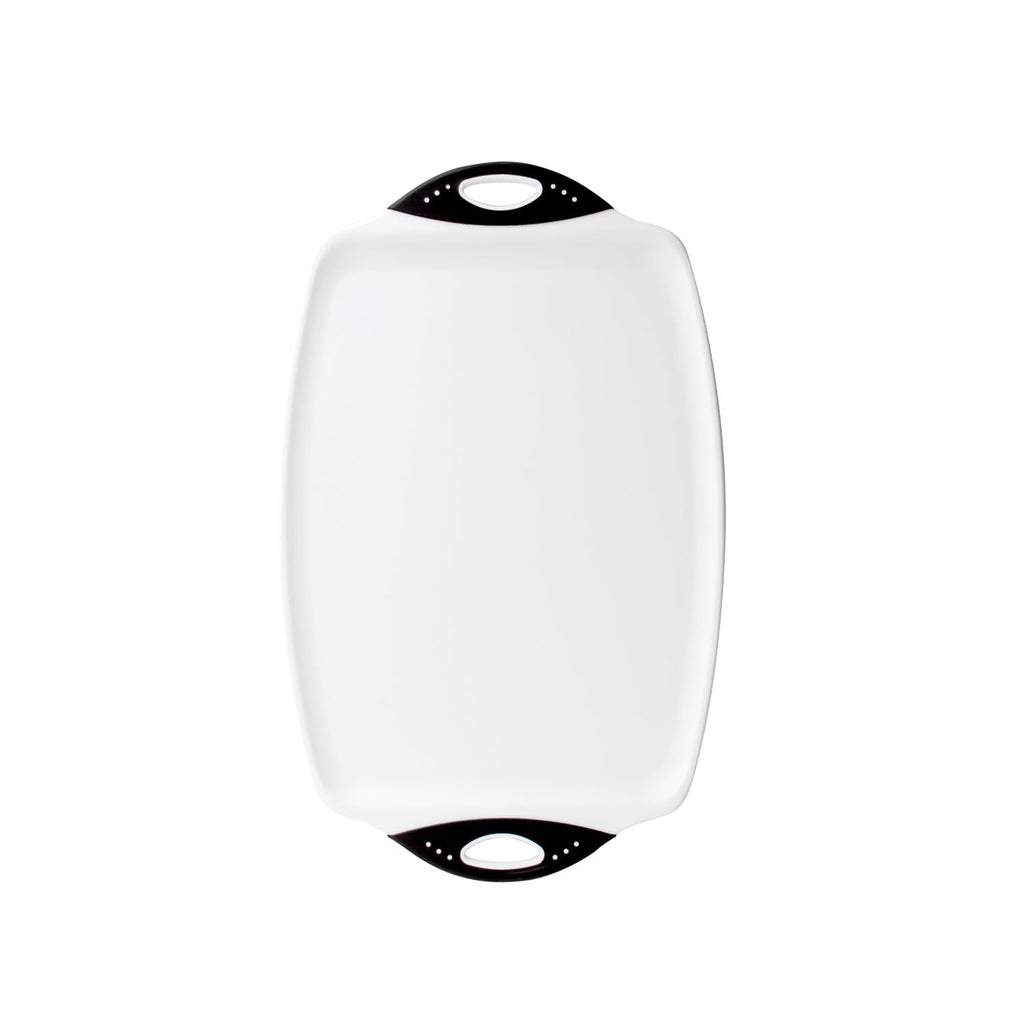 Dexas Chop & Scoop Cutting Board, 9.5 x 13 Inch, White and Black, BPA-Free Dishwasher Safe Kitchen Prep Board with Handle