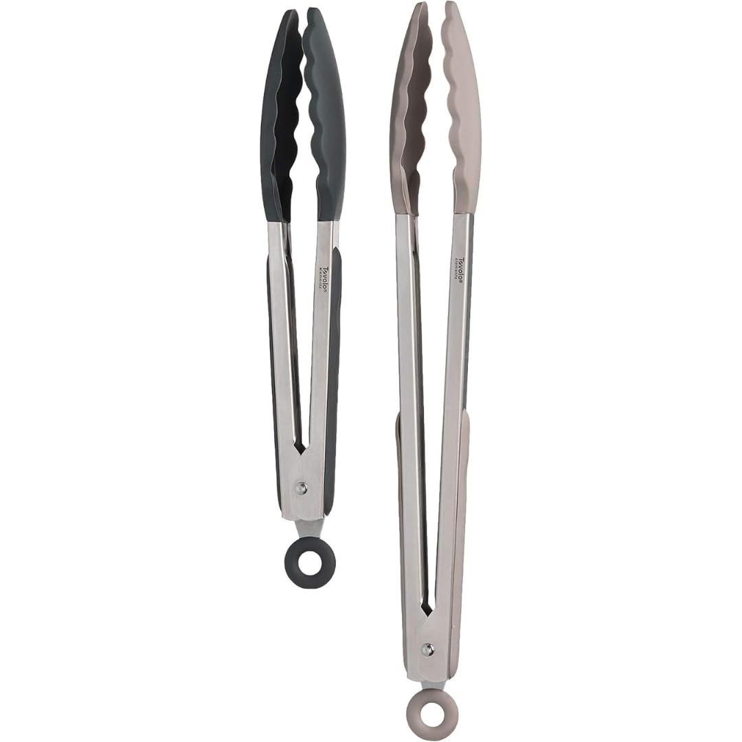 Tovolo Kitchen Tongs with Silicone Tips 9 Inch for Cooking Mixing and Serving, Easy Clean Dishwasher Safe Silicone Tipped Tongs with Locking Stainless Steel Heat Resistant, Warm Gray