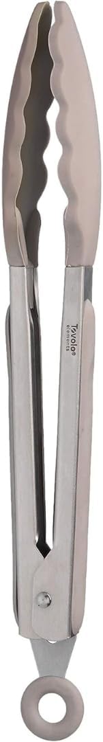 Tovolo Kitchen Tongs with Silicone Tips 9 Inch for Cooking Mixing and Serving, Easy Clean Dishwasher Safe Silicone Tipped Tongs with Locking Stainless Steel Heat Resistant, Warm Gray