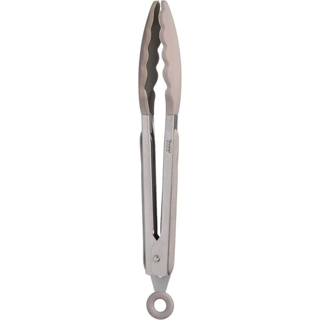 Tovolo Kitchen Tongs with Silicone Tips 9 Inch for Cooking Mixing and Serving, Easy Clean Dishwasher Safe Silicone Tipped Tongs with Locking Stainless Steel Heat Resistant, Warm Gray