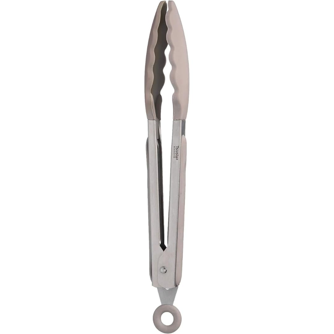 Tovolo Kitchen Tongs with Silicone Tips 9 Inch for Cooking Mixing and Serving, Easy Clean Dishwasher Safe Silicone Tipped Tongs with Locking Stainless Steel Heat Resistant, Warm Gray