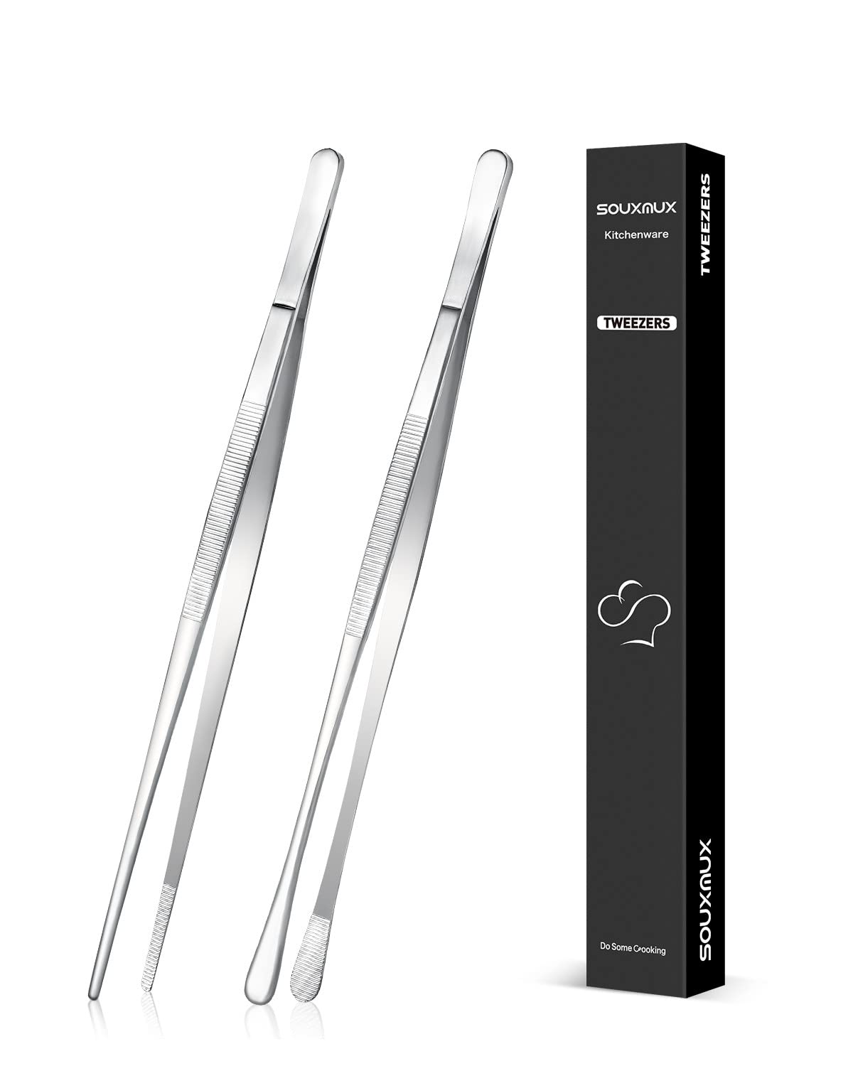 2 Pcs 12-inch Cooking Tweezers Tongs Precision Serrated Tips, Stainless Steel Professional Chef Tweezer Kitchen Tools for BBQ, Plating and Serving (Black)
