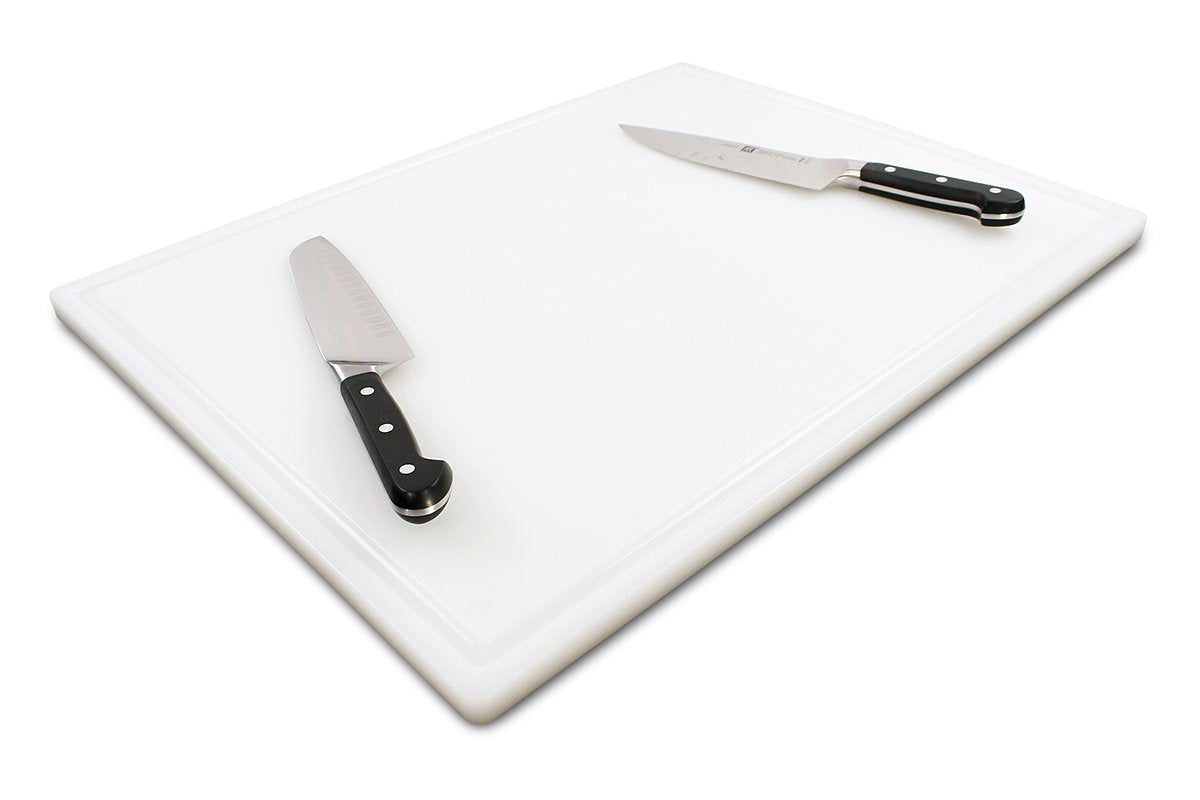 Thirteen Chefs 18x12 White Cutting Board with Groove, 1/2" Thick Plastic