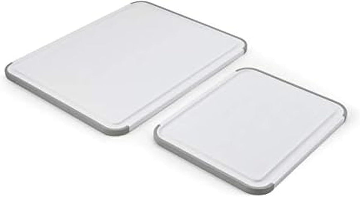 KitchenAid Classic Nonslip 2-Piece Plastic Cutting Board Set with Perimeter Trench and Non Slip Edges, 2-Piece Kitchen Chopping Boards, Dishwasher-Safe, White and Gray