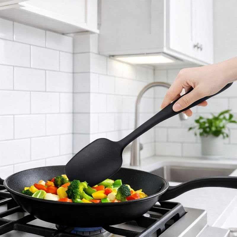Silicone Kitchen Utensil Set – 6 Piece Heat-Resistant Non-Stick Cooking Tools, BPA-Free Food-Grade Silicone Spatulas & Brush for Cooking & Baking (Black)