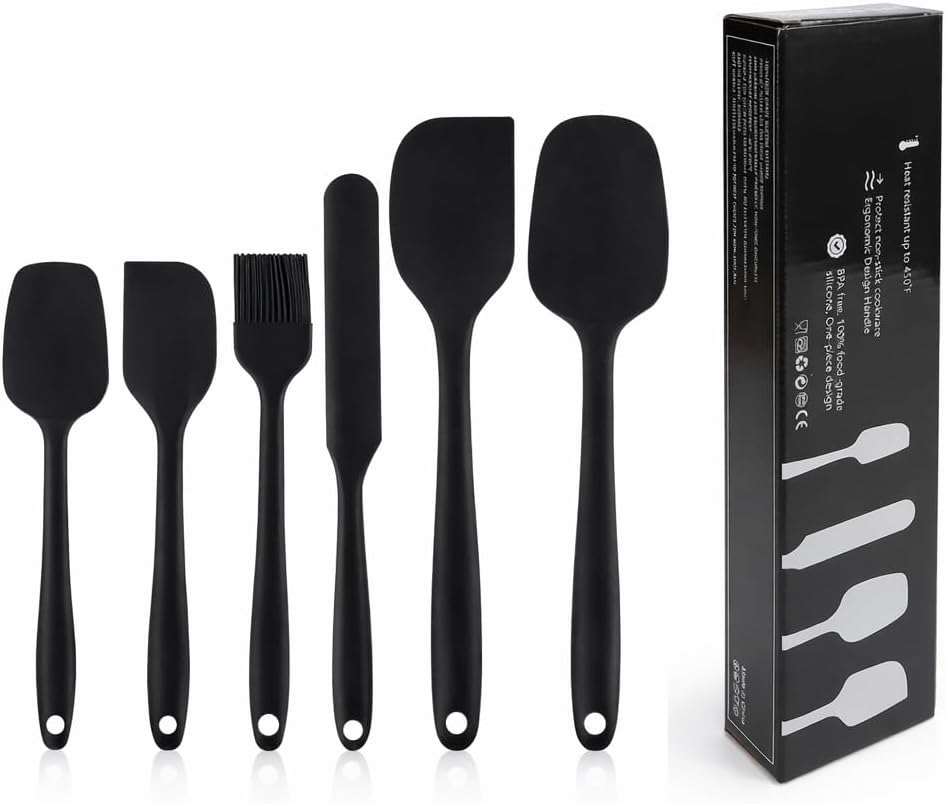 Silicone Kitchen Utensil Set – 6 Piece Heat-Resistant Non-Stick Cooking Tools, BPA-Free Food-Grade Silicone Spatulas & Brush for Cooking & Baking (Black)