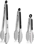 Stainless Steel Cooking Tongs Set of 3 - Heavy Duty 12/9/7 Inch Locking Tongs, Heat Resistant to 600 Degrees, Food Grade Kitchen Metal Tong for Food, Salad, & BBQ - Dishwasher Safe