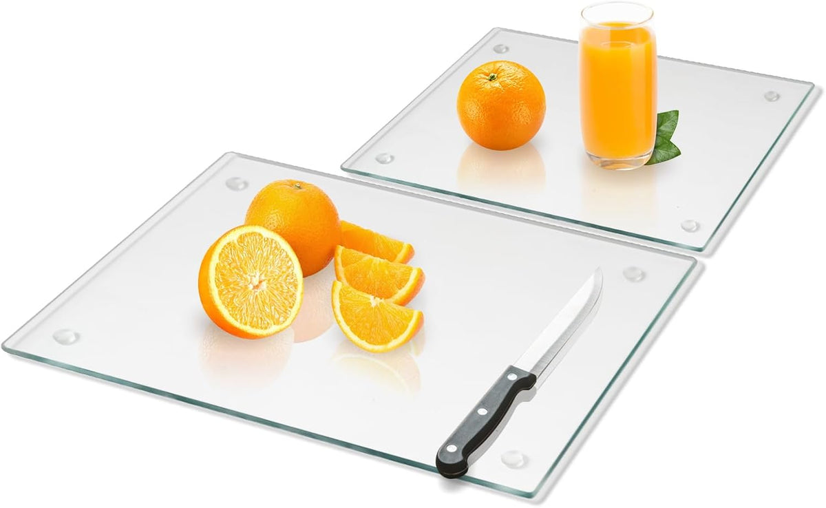 Mymonfif Tempered Glass Cutting Board for Kitchen, Clear Glass Board for Countertop, Heat Resistant, with Non-Slip Feet, 12x16" & 12x8" 2 Pcs Clear