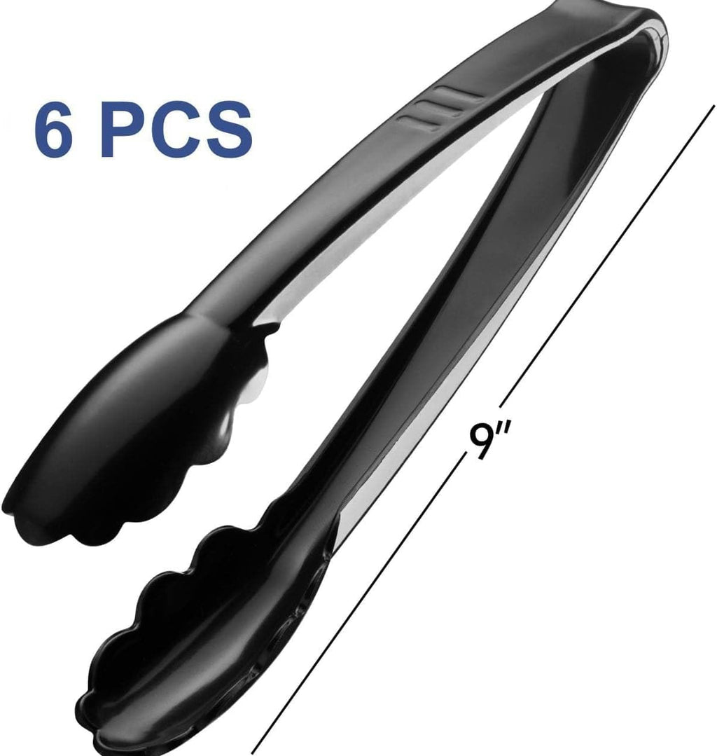 9-Inch Plastic Serving Tongs (6-Pack) Heavy-Duty Black Tongs
