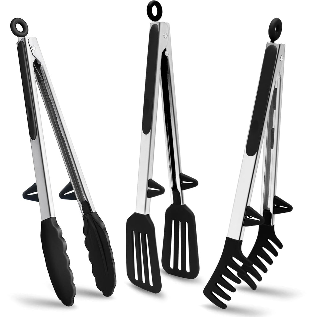 9" Kitchen Tongs for cooking with Silicone Tips, 3Pcs Serving Tongs, Green