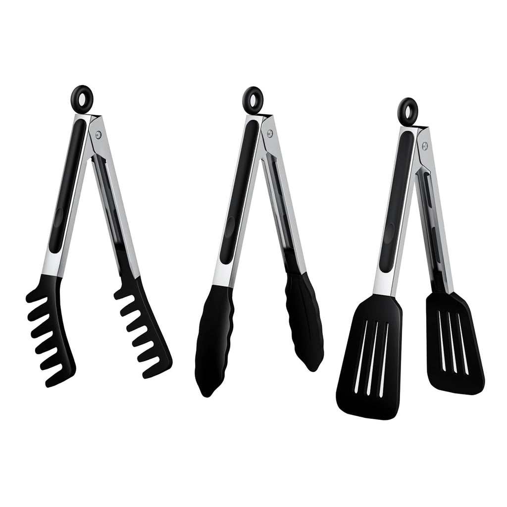 HST Tongs for Cooking with Silicone Tips 3 Pack, Kitchen Tongs (9", Black)
