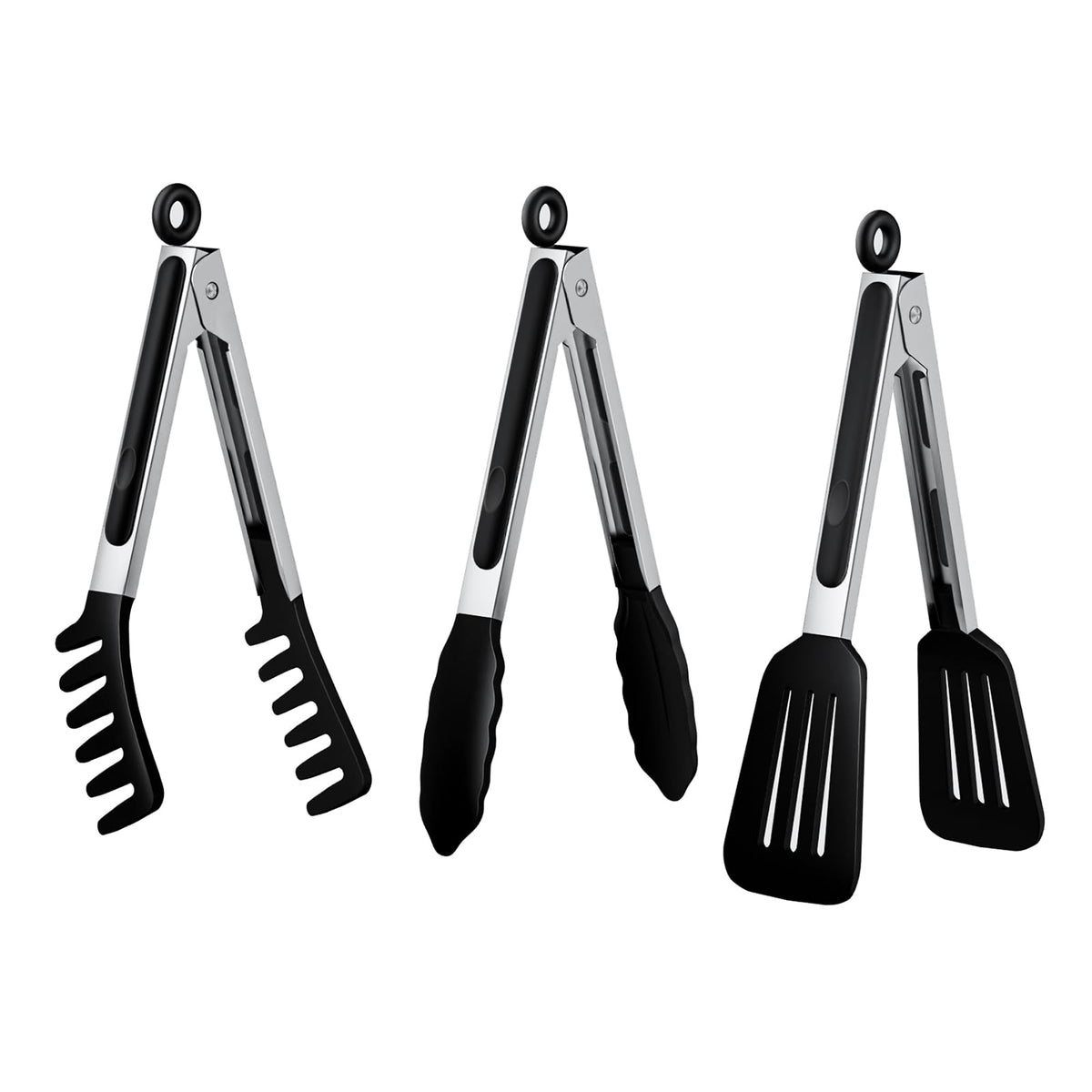 HST Tongs for Cooking with Silicone Tips 3 Pack, Kitchen Tongs (9", Black)