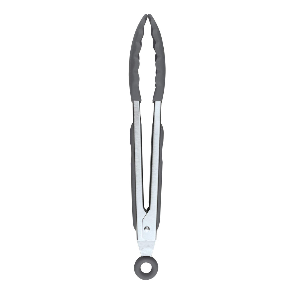 Tovolo Kitchen Tongs with Silicone Tips 9 Inch for Cooking Mixing and Serving, Easy Clean Dishwasher Safe Silicone Tipped Tongs with Locking Stainless Steel Heat Resistant, Warm Gray