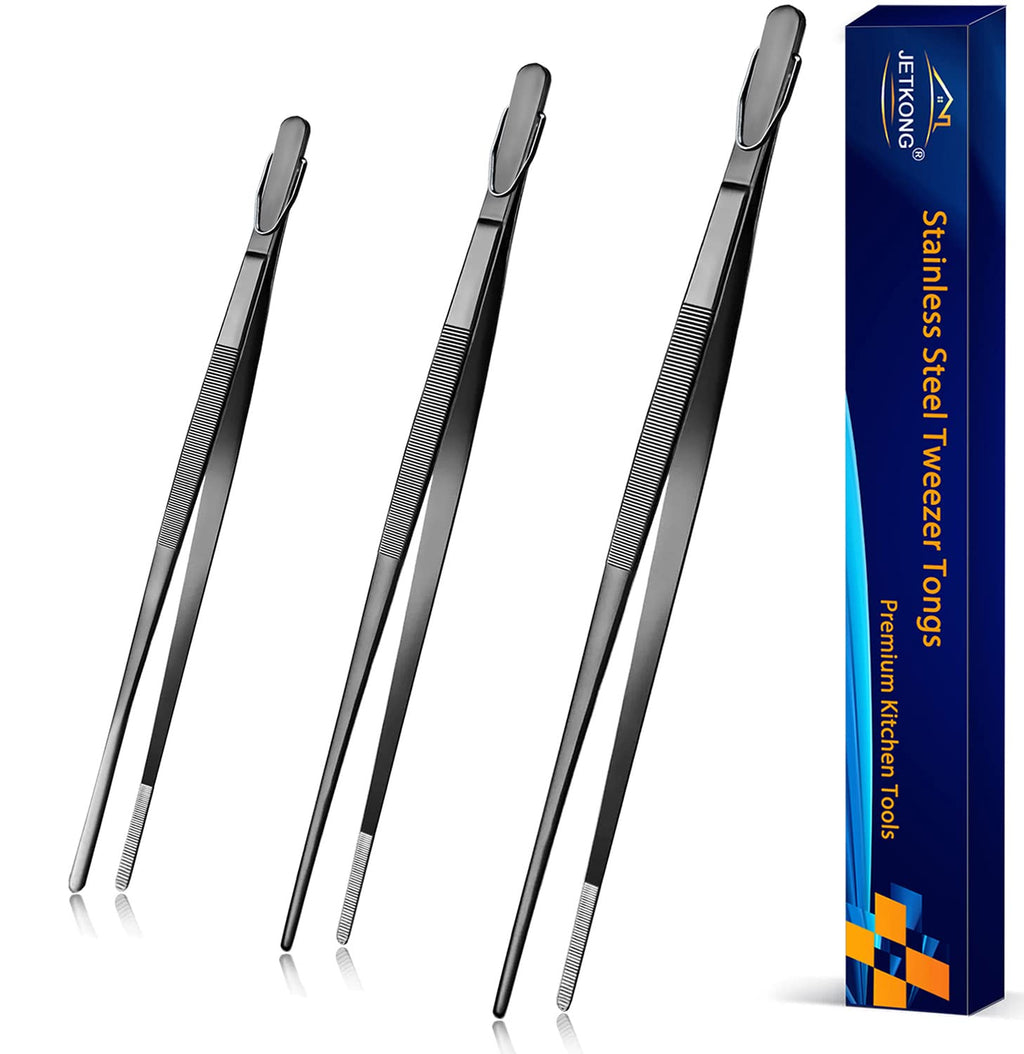 JETKONG 9 12 14 Inch Extra Long Kitchen Tweezers Heavy Duty Stainless Steel Cooking Tweezers, Set of 3 (Point Tips, Silver)