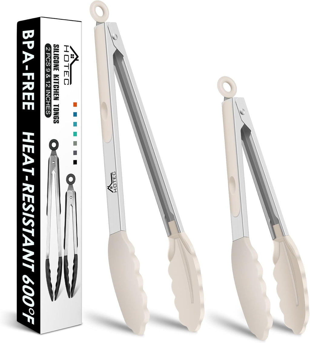 HOTEC Stainless Steel Kitchen Tongs with Silicone Tips, Set of 2-9" and 12"