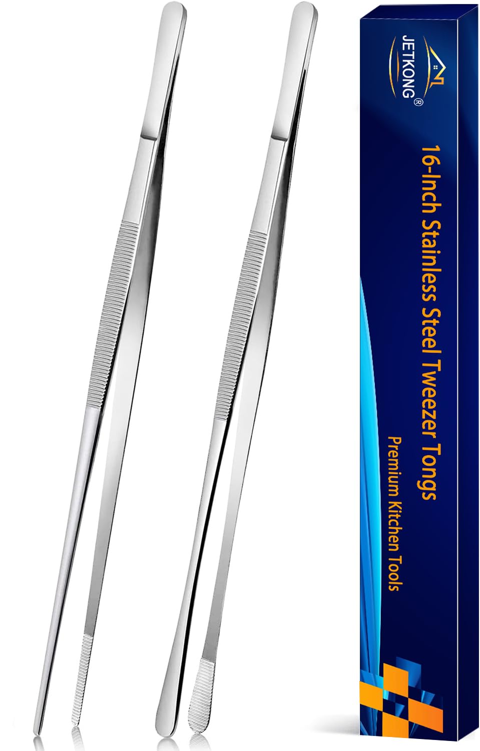 JETKONG 2 Pcs 12-Inch Kitchen Tweezers Tongs with Precision Serrated Tips, Stainless Steel Chef Tweezer Professional Cooking Tweezers for BBQ, Plating and Serving (12-Inch, Black)