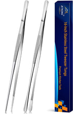 JETKONG 2 Pcs 12-Inch Kitchen Tweezers Tongs with Precision Serrated Tips, Stainless Steel Chef Tweezer Professional Cooking Tweezers for BBQ, Plating and Serving (12-Inch, Black)
