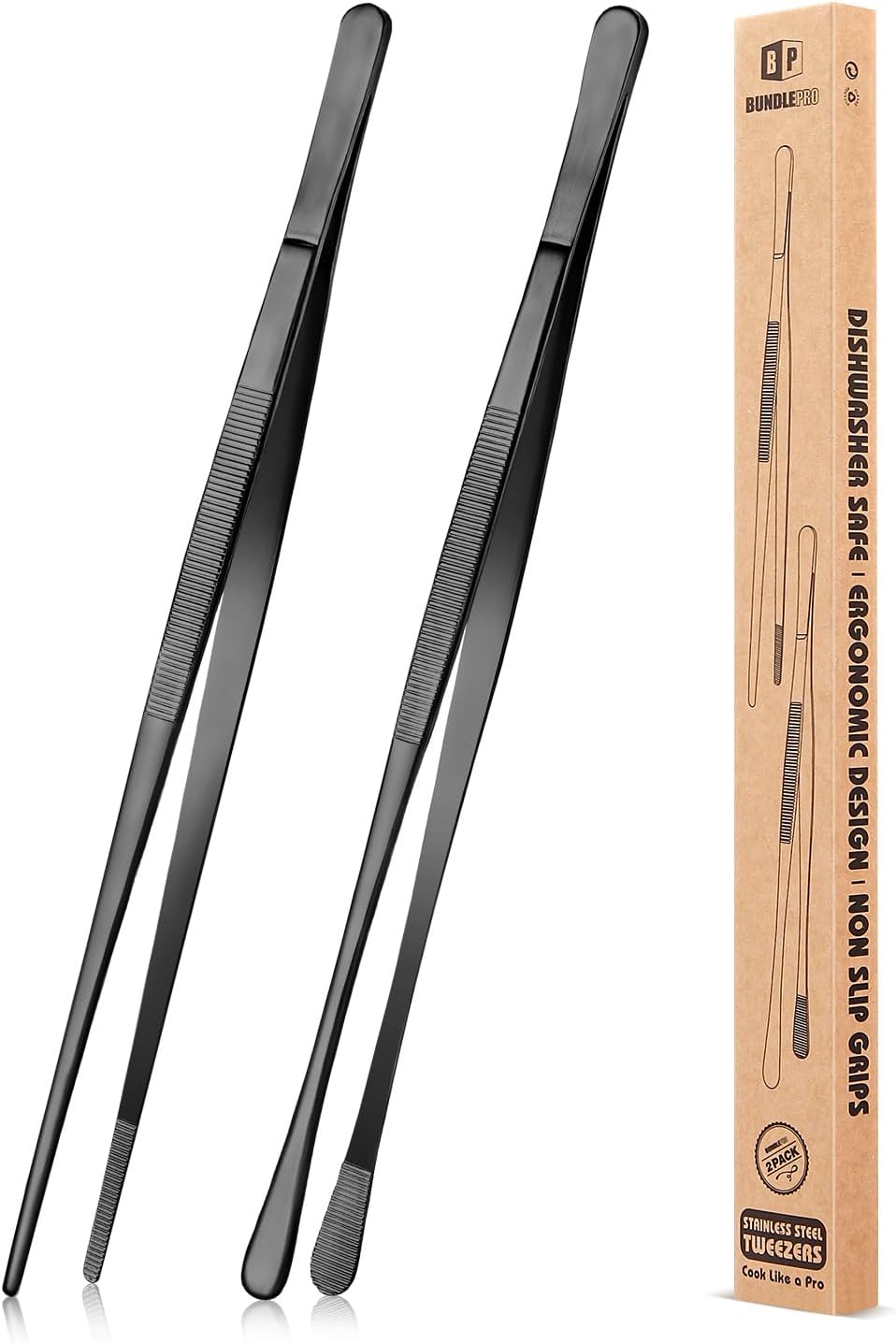 BUNDLEPRO Kitchen Tweezers Tongs with Precision Serrated Tips, 2 Pcs, 12''