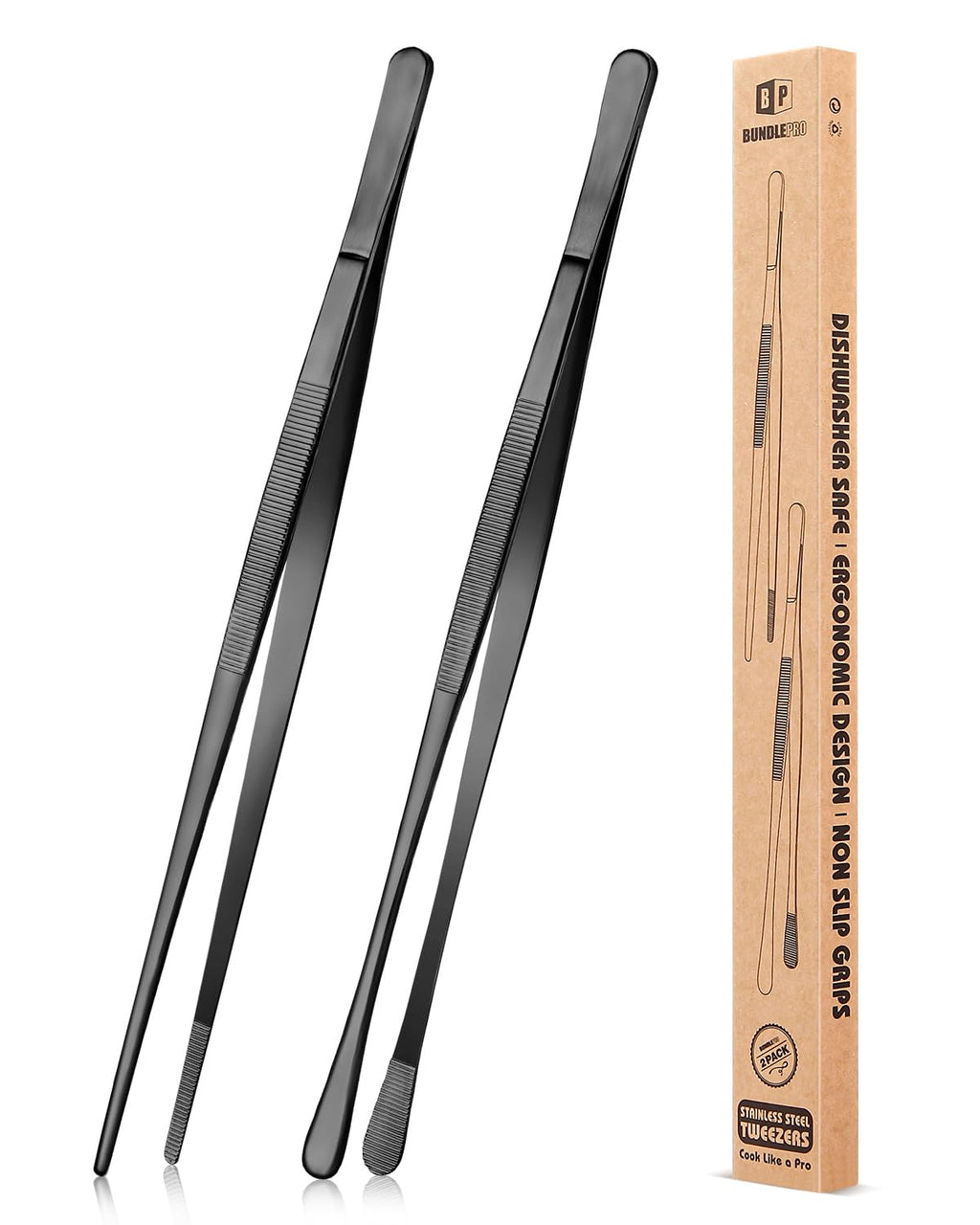 BUNDLEPRO Kitchen Tweezers Tongs with Precision Serrated Tips, 2 Pcs, 12''