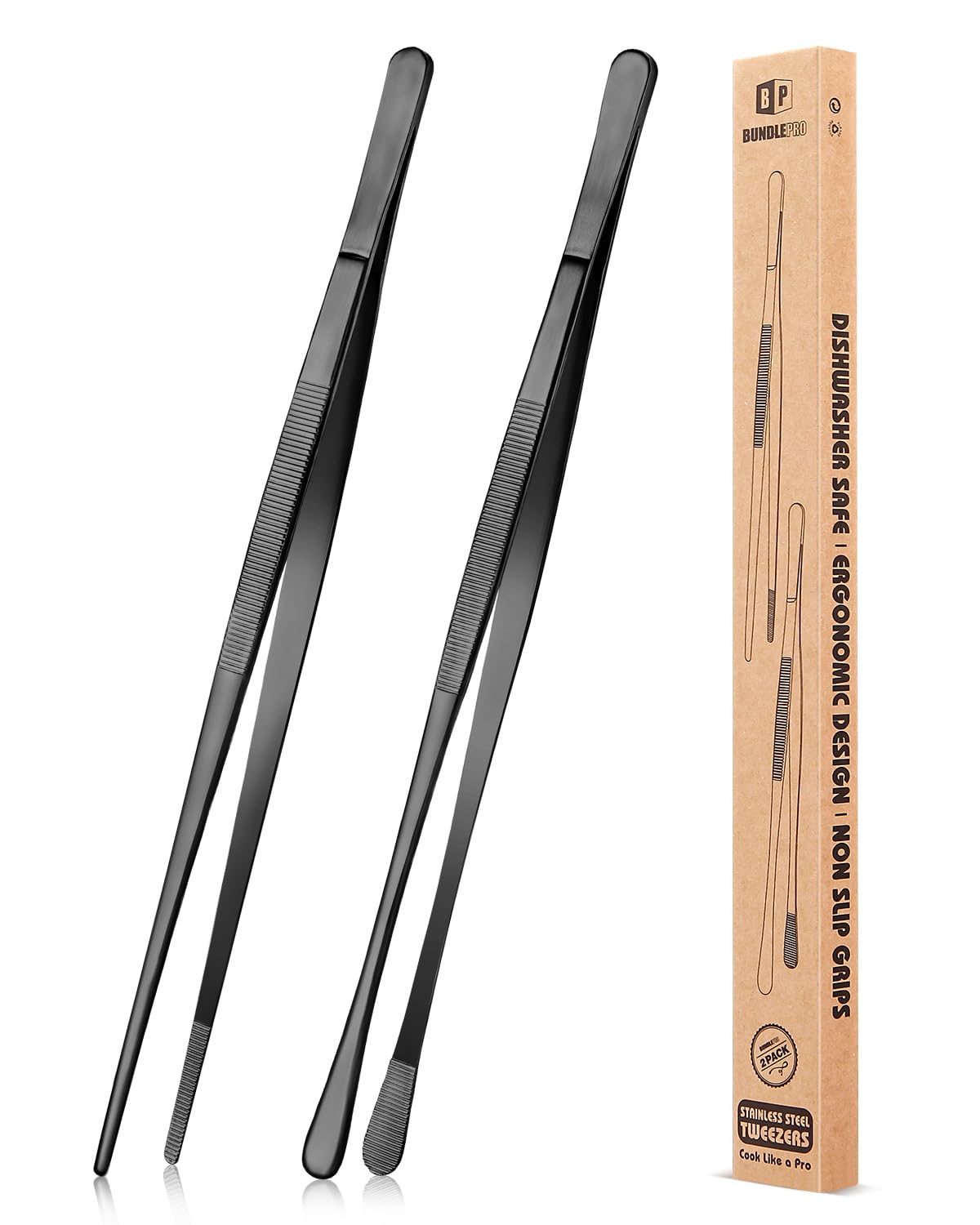 BUNDLEPRO Kitchen Tweezers Tongs with Precision Serrated Tips, 2 Pcs, 12''