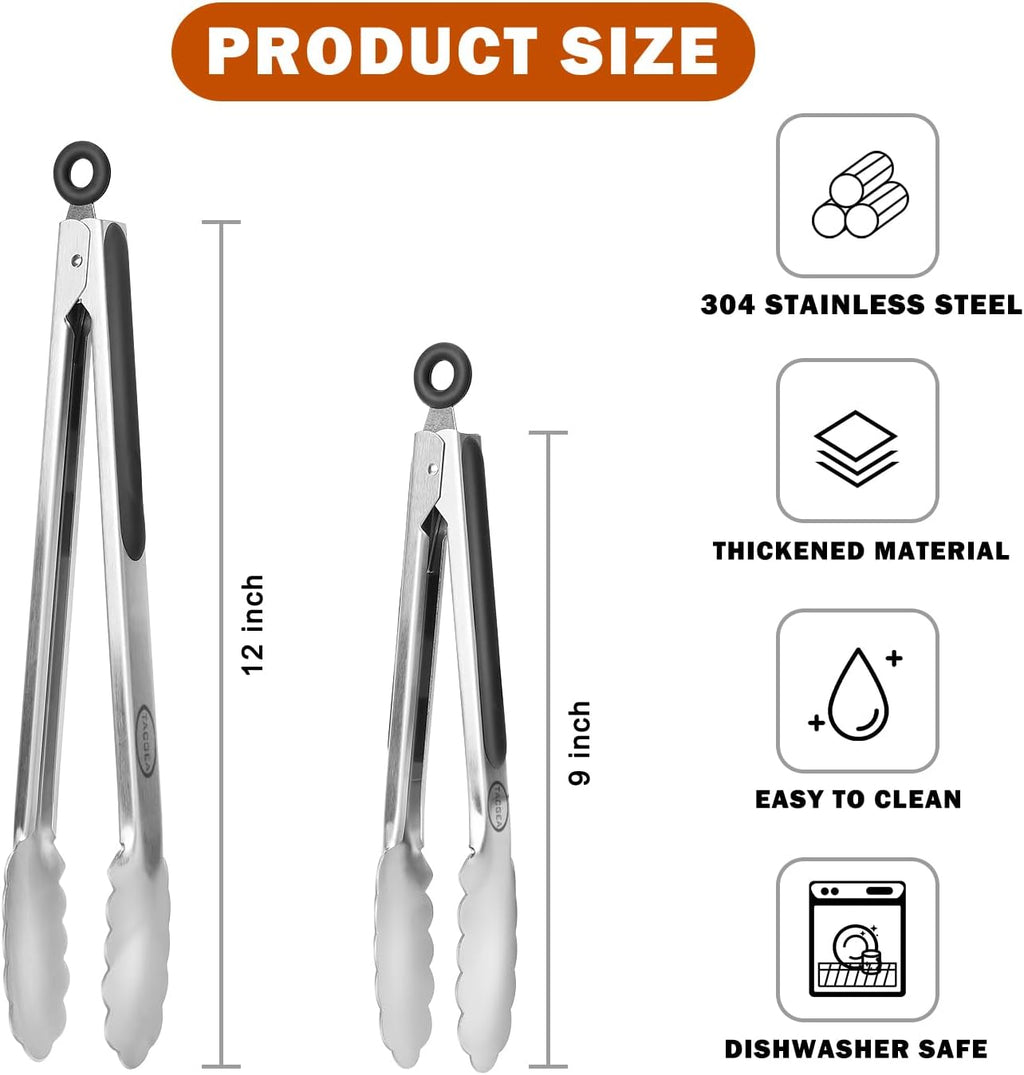 TACGEA Stainless Steel Kitchen Tongs, Silicone Non-slip Grip, Locking Grilling Food Tongs Set of 2, 9-inch & 12-inch