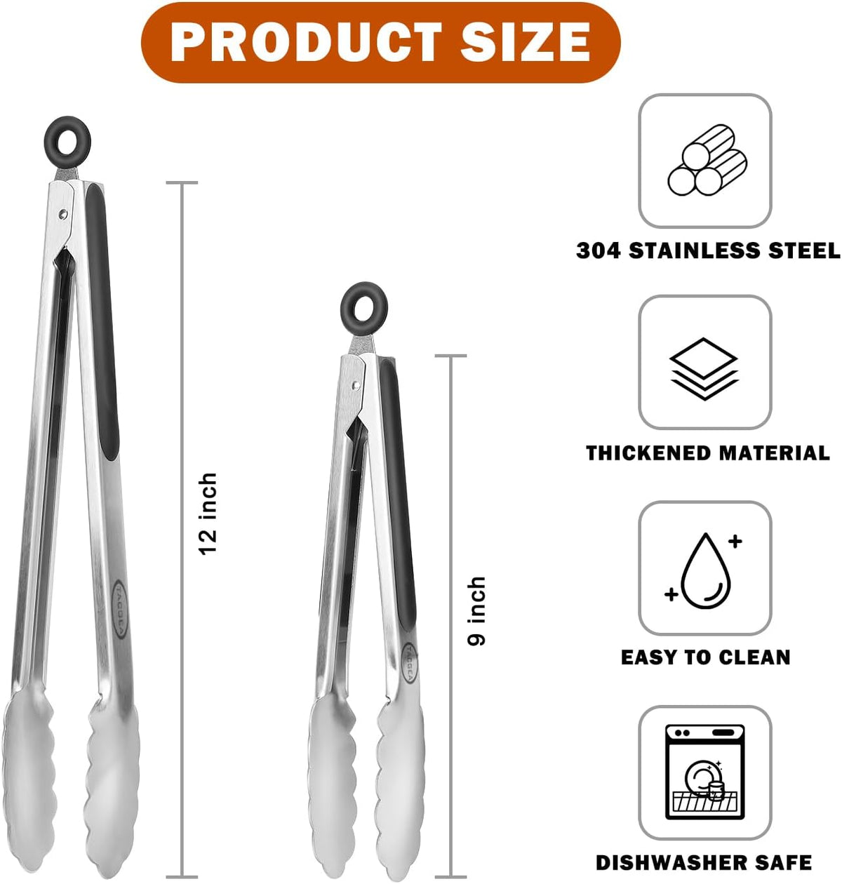 TACGEA Stainless Steel Kitchen Tongs, Silicone Non-slip Grip, Locking Grilling Food Tongs Set of 2, 9-inch & 12-inch