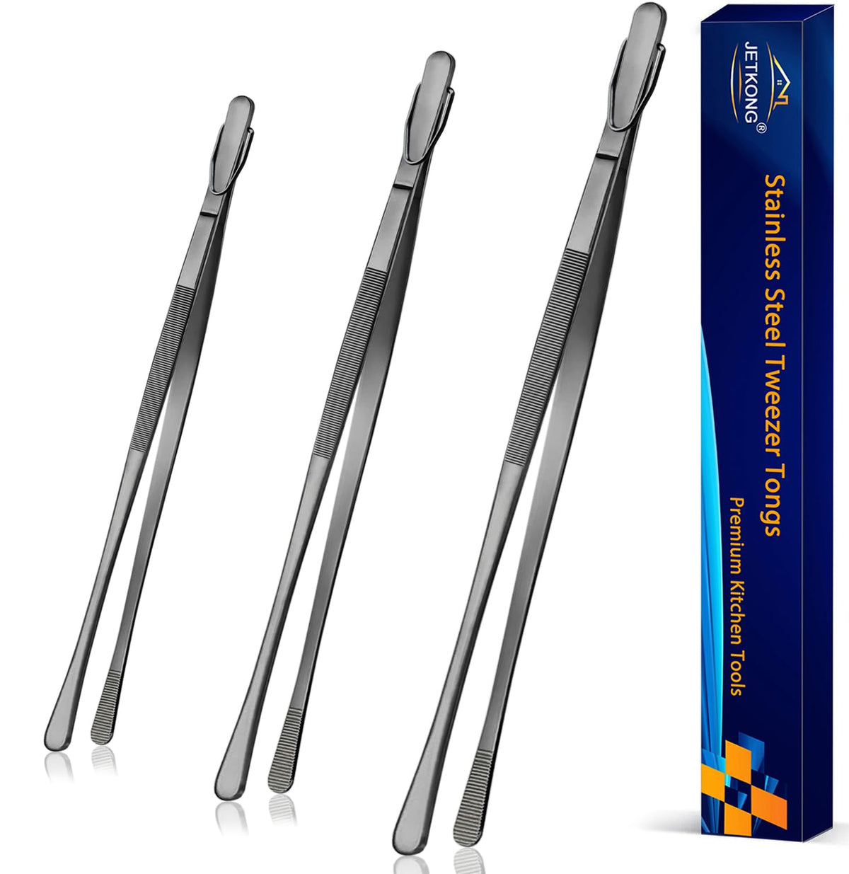 JETKONG 9 12 14 Inch Extra Long Kitchen Tweezers Heavy Duty Stainless Steel Cooking Tweezers, Set of 3 (Point Tips, Silver)