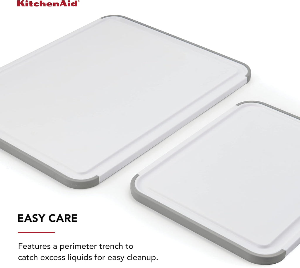 KitchenAid Classic Nonslip 2-Piece Plastic Cutting Board Set with Perimeter Trench and Non Slip Edges, 2-Piece Kitchen Chopping Boards, Dishwasher-Safe, White and Gray