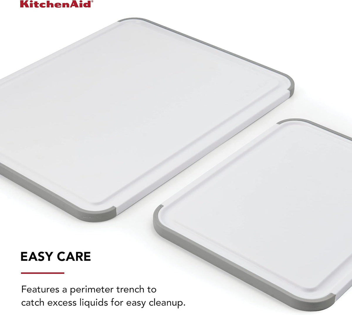 KitchenAid Classic Nonslip 2-Piece Plastic Cutting Board Set with Perimeter Trench and Non Slip Edges, 2-Piece Kitchen Chopping Boards, Dishwasher-Safe, White and Gray