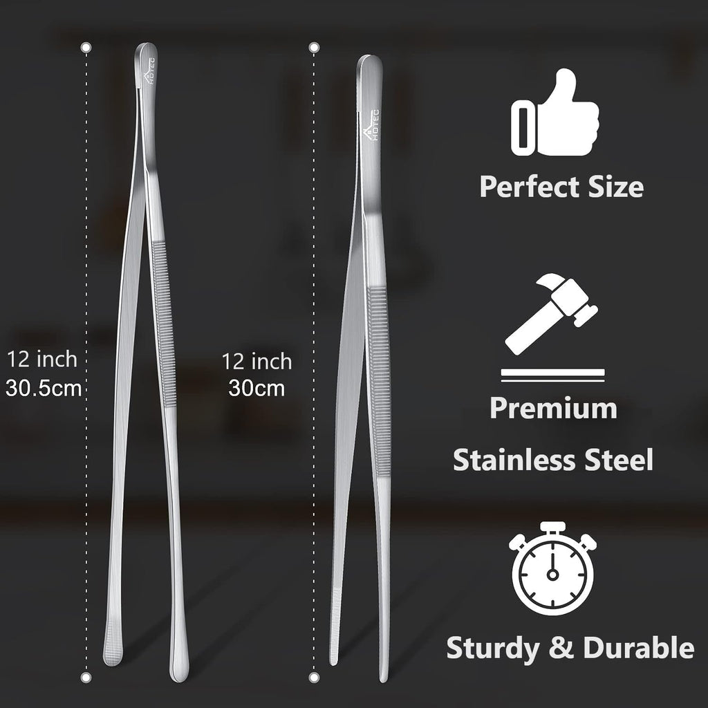 HOTEC Kitchen Tweezers Stainless Steel Cooking Tweezers 2 Pcs-12"