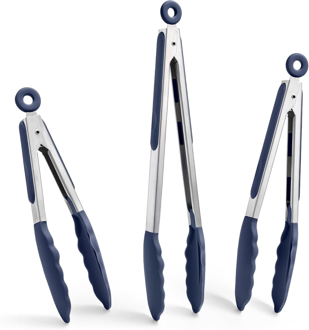 Doosu Kitchen Tongs with Silicone Tips for Cooking Serving (3Pcs, Navy)