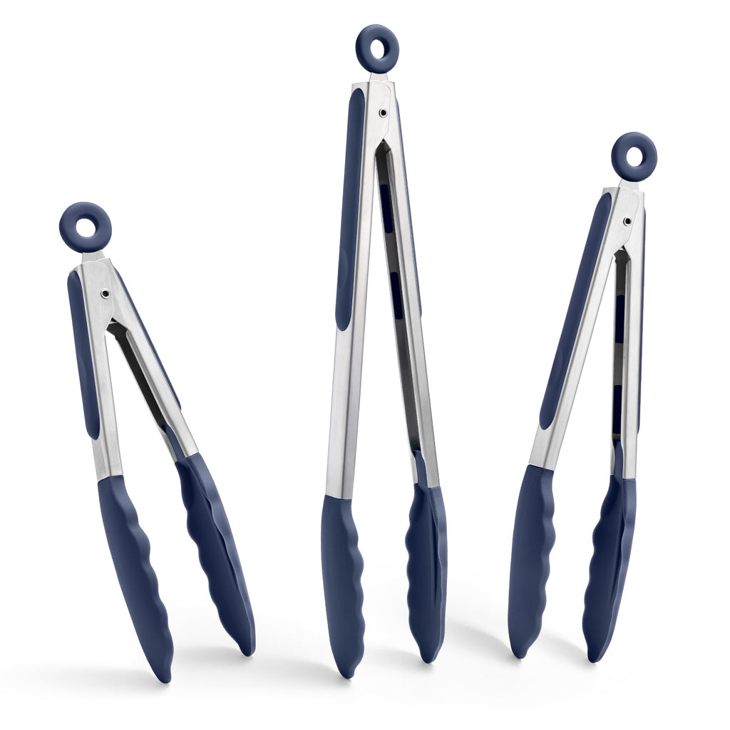 Doosu Kitchen Tongs with Silicone Tips for Cooking Serving (3Pcs, Navy)