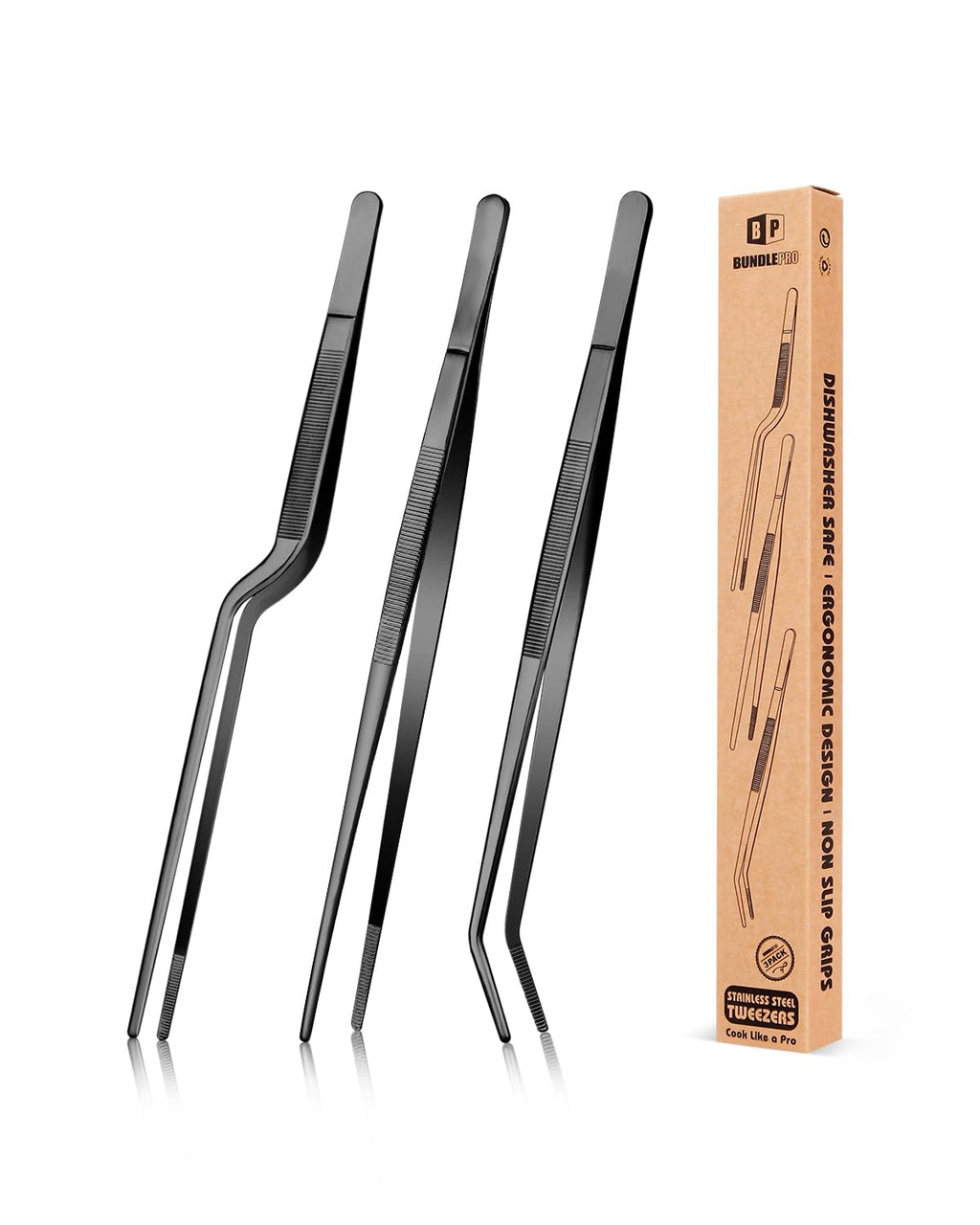 BUNDLEPRO Kitchen Tweezers Tongs with Precision Serrated Tips, 3 Pcs, 12''