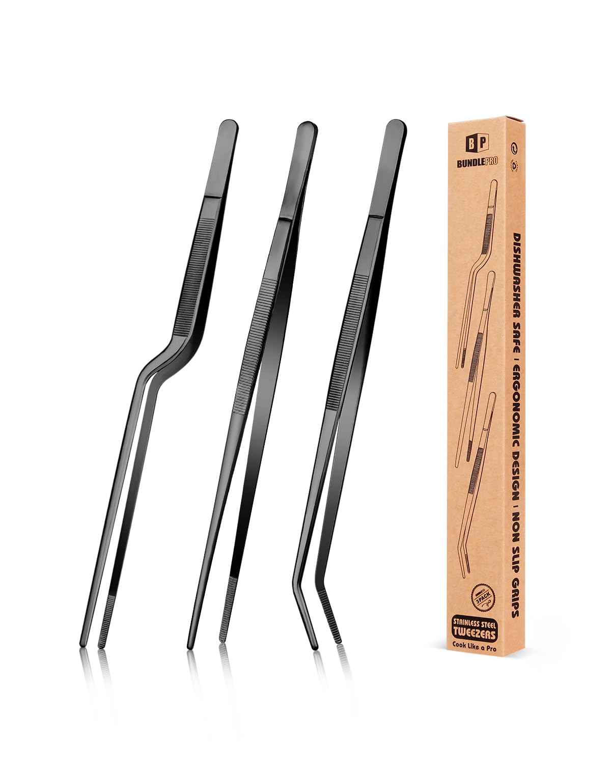 BUNDLEPRO Kitchen Tweezers Tongs with Precision Serrated Tips, 3 Pcs, 12''