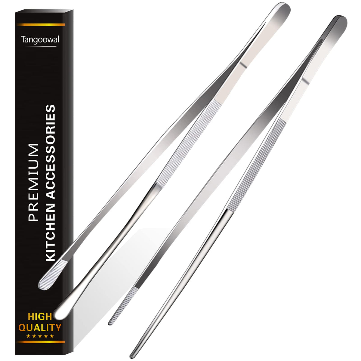 2 Pcs 12-Inch Cooking Tweezers Tongs,Extra-Long Stainless Steel Kitchen Tweezer Tongs - Black