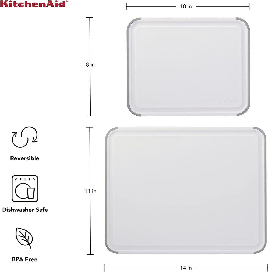 KitchenAid Classic Nonslip 2-Piece Plastic Cutting Board Set with Perimeter Trench and Non Slip Edges, 2-Piece Kitchen Chopping Boards, Dishwasher-Safe, White and Gray