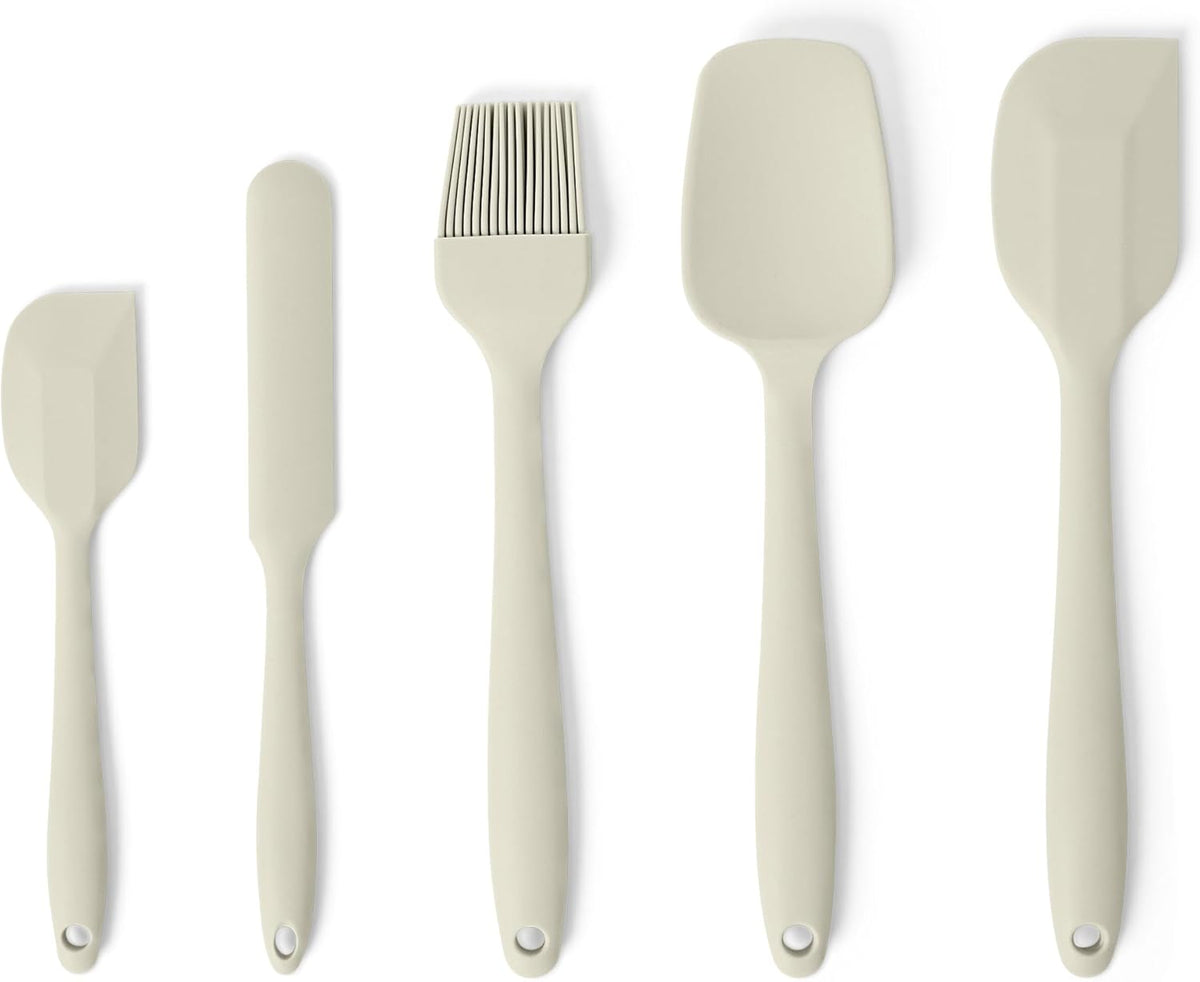 Amazon Basics Silicone Spatulas, 5-Piece Set, Heat-Resistant, Food-Grade, BPA-Free, Non-Slip Handle, Safe for Nonstick Cookware, Dishwasher-Safe, Linen Gray
