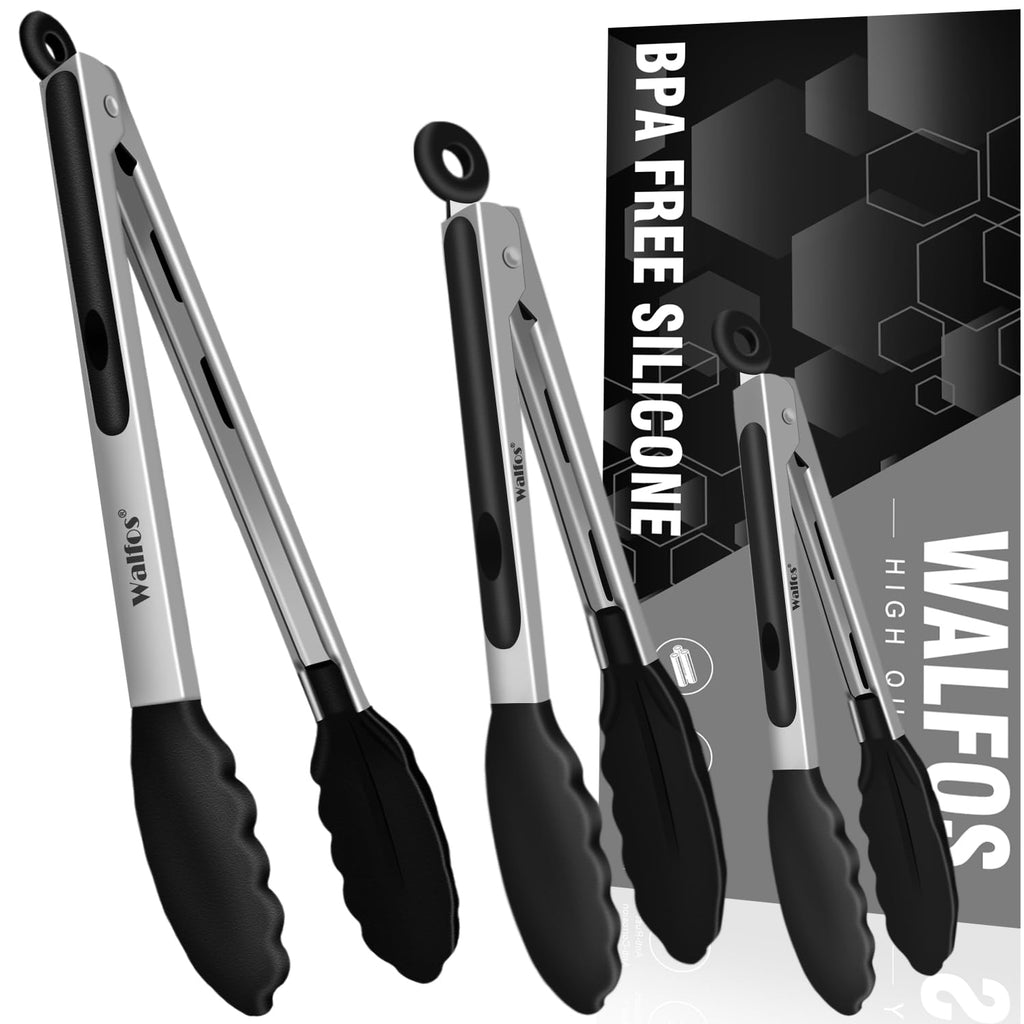 Food Grade Stainless Steel Kitchen Tongs for Cooking,BBQ - 7 ，9 and 12 Inch,Set of 3 Heavy Duty Locking Metal Food Tongs Non-Slip Grip