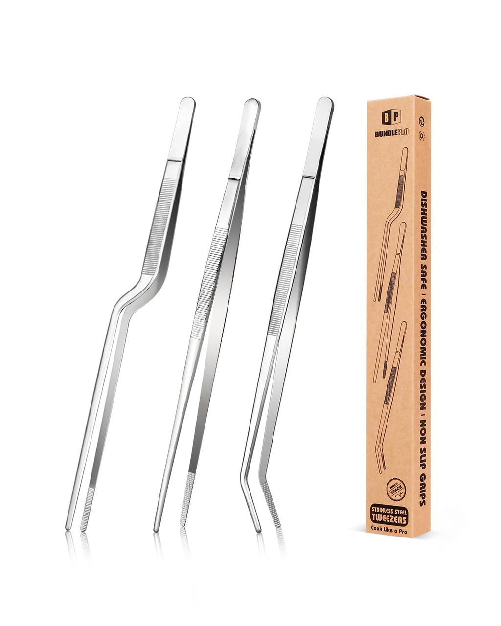 BUNDLEPRO Kitchen Tweezers Tongs with Precision Serrated Tips, 3 Pcs, 12''
