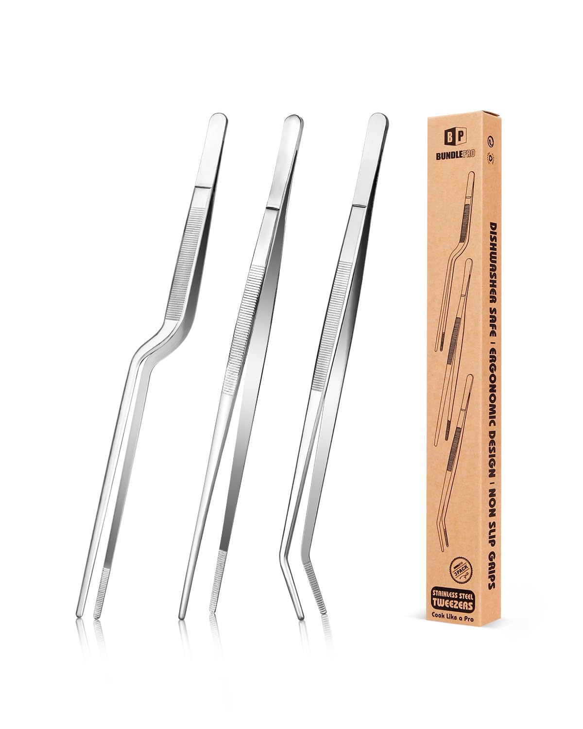 BUNDLEPRO Kitchen Tweezers Tongs with Precision Serrated Tips, 3 Pcs, 12''