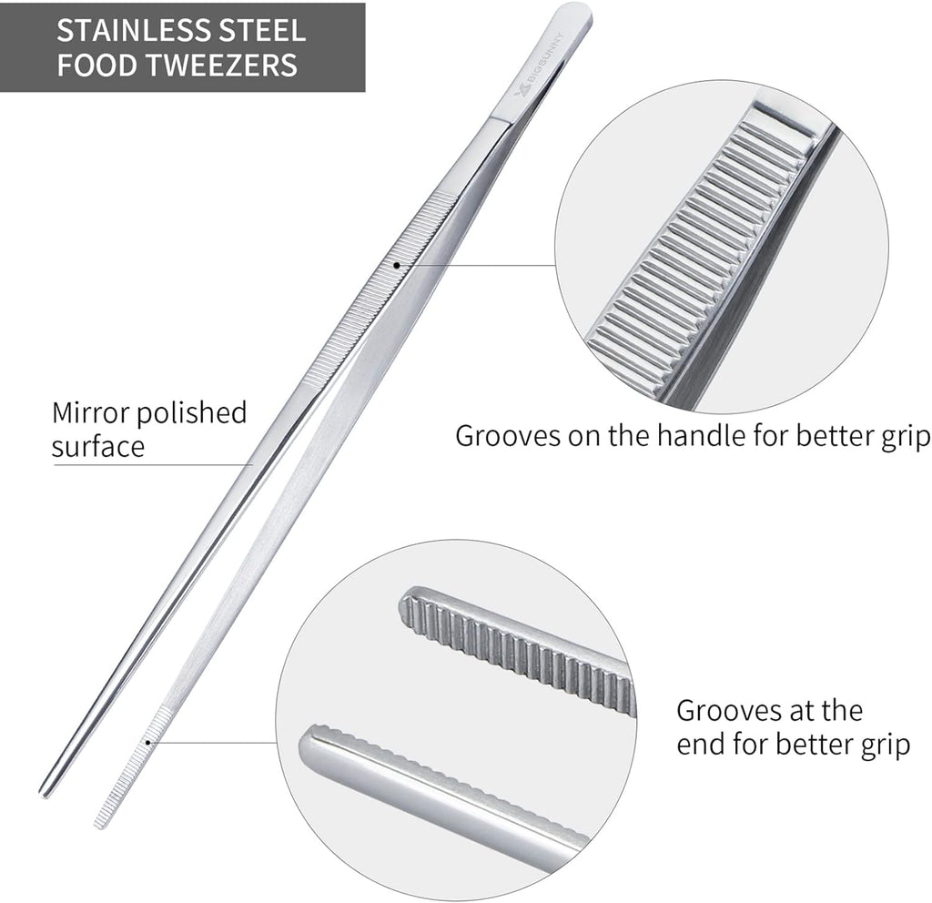 MSY BIGSUNNY 12 Inch Kitchen Tweezers Fine Tweezer Tongs, Stainless Steel Food Tweezers Multi-function Precision Serrated Tips Cooking Tongs Kitchen Serving Tong