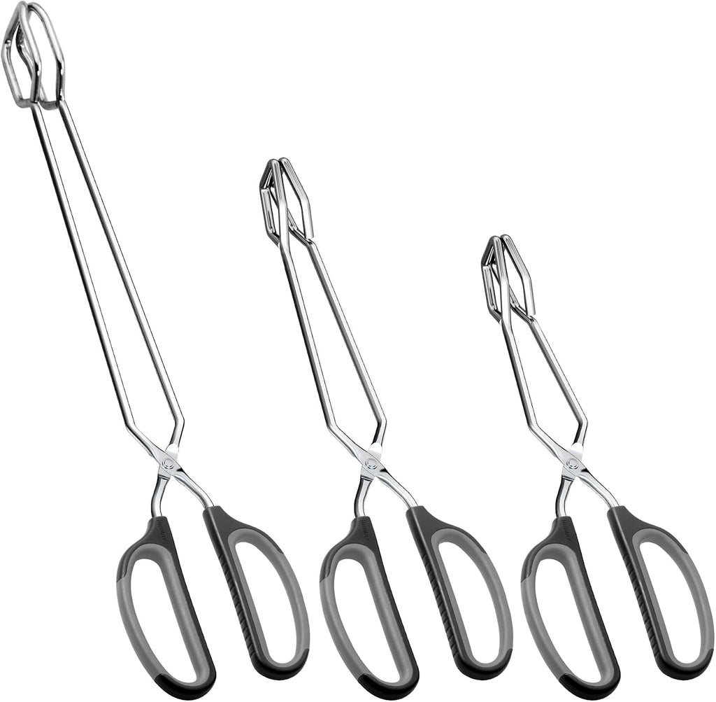 HINMAY Stainless Steel Scissor Tongs Cooking Tongs Set, Set of 3 (Black Handle, 10" 12" 16")