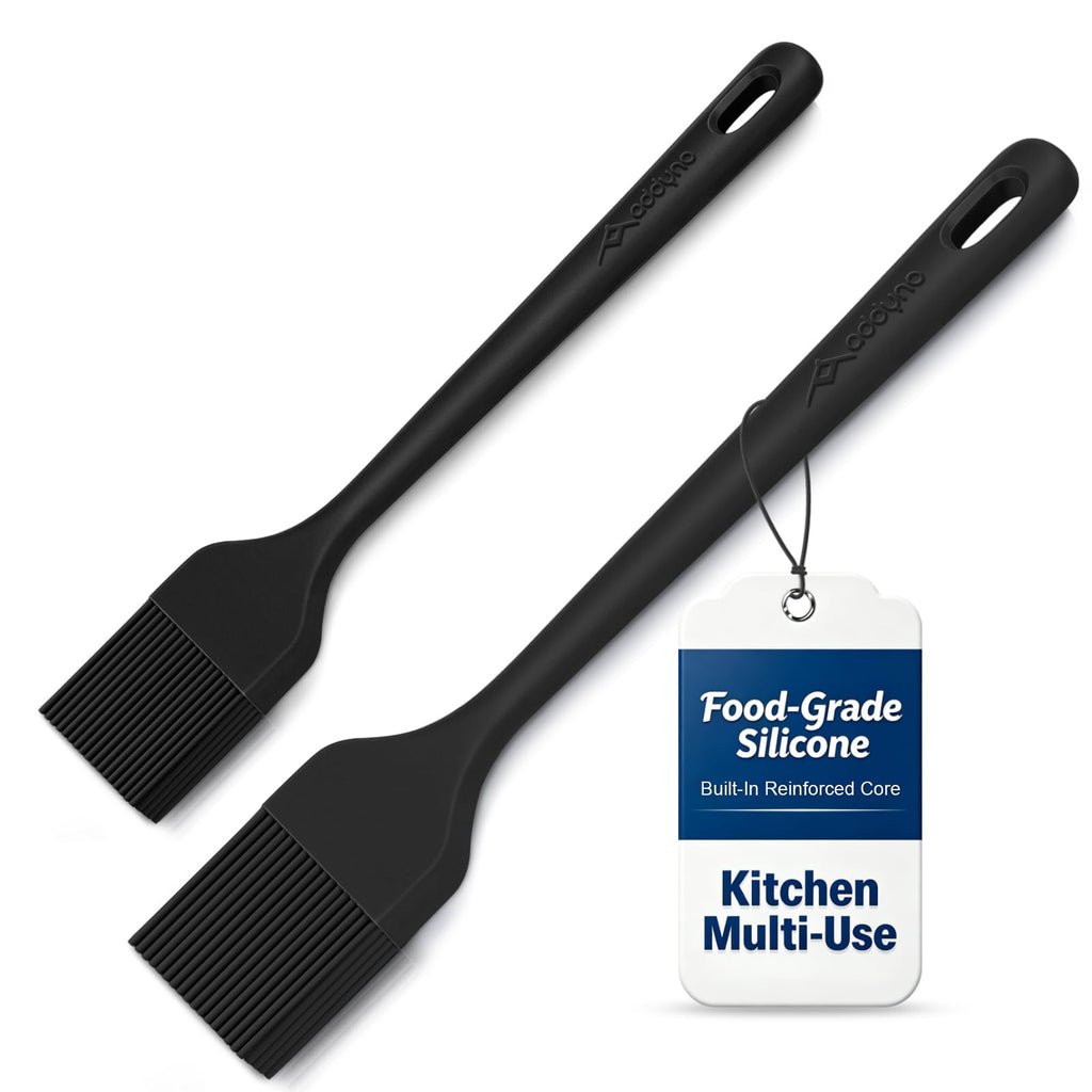 Silicone Basting Brush Set, 2-Pack Food-Grade BPA-Free Pastry Brush, 446°F Heat Resistant with Reinforced Inner Core, One-Piece Design for BBQ, Grilling, Baking, Butter, Marinades & Oil (Black)