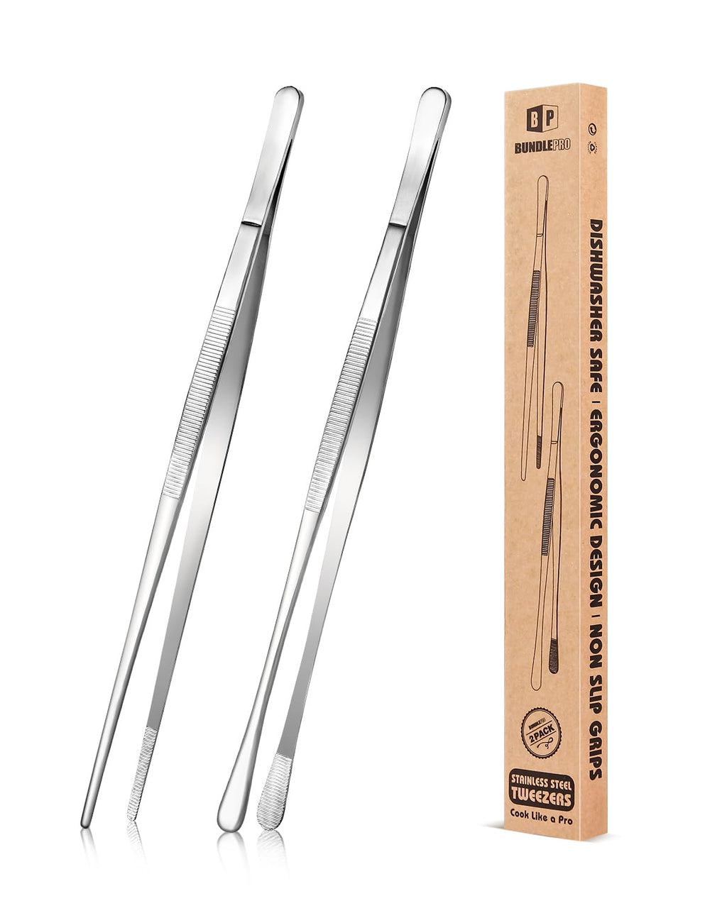 BUNDLEPRO Kitchen Tweezers Tongs with Precision Serrated Tips, 2 Pcs, 12''