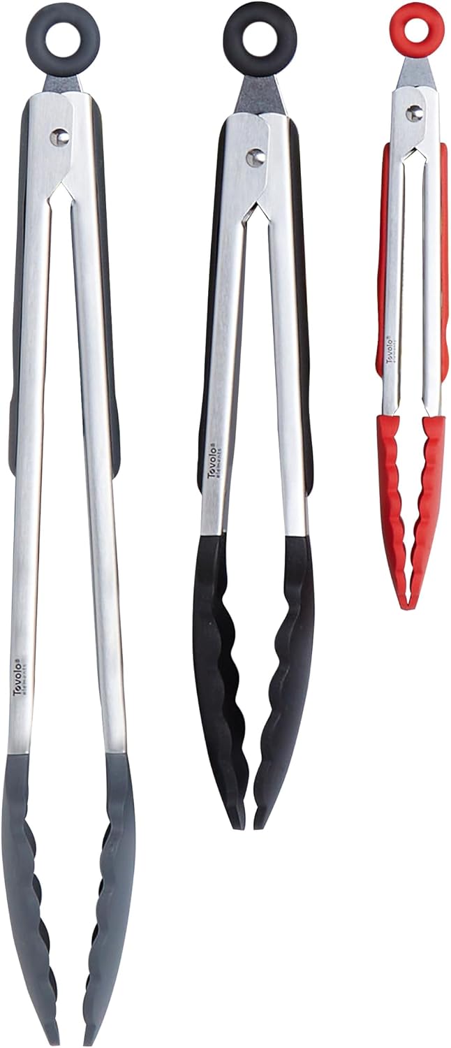 Tovolo Kitchen Tongs with Silicone Tips 9 Inch for Cooking Mixing and Serving, Easy Clean Dishwasher Safe Silicone Tipped Tongs with Locking Stainless Steel Heat Resistant, Warm Gray