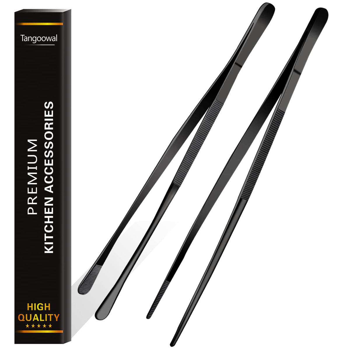 2 Pcs 12-Inch Cooking Tweezers Tongs,Extra-Long Stainless Steel Kitchen Tweezer Tongs - Black