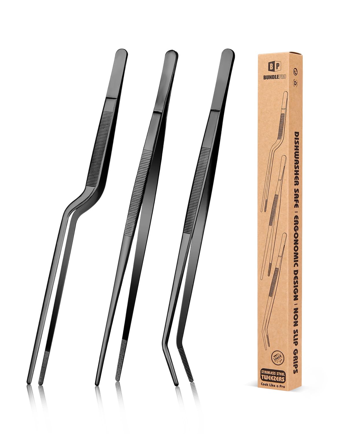 BUNDLEPRO Kitchen Tweezers Tongs with Precision Serrated Tips, 3 Pcs, 12''