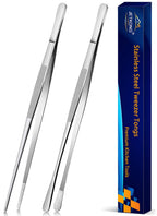 JETKONG 2 Pcs 12-Inch Kitchen Tweezers Tongs with Precision Serrated Tips, Stainless Steel Chef Tweezer Professional Cooking Tweezers for BBQ, Plating and Serving (12-Inch, Black)