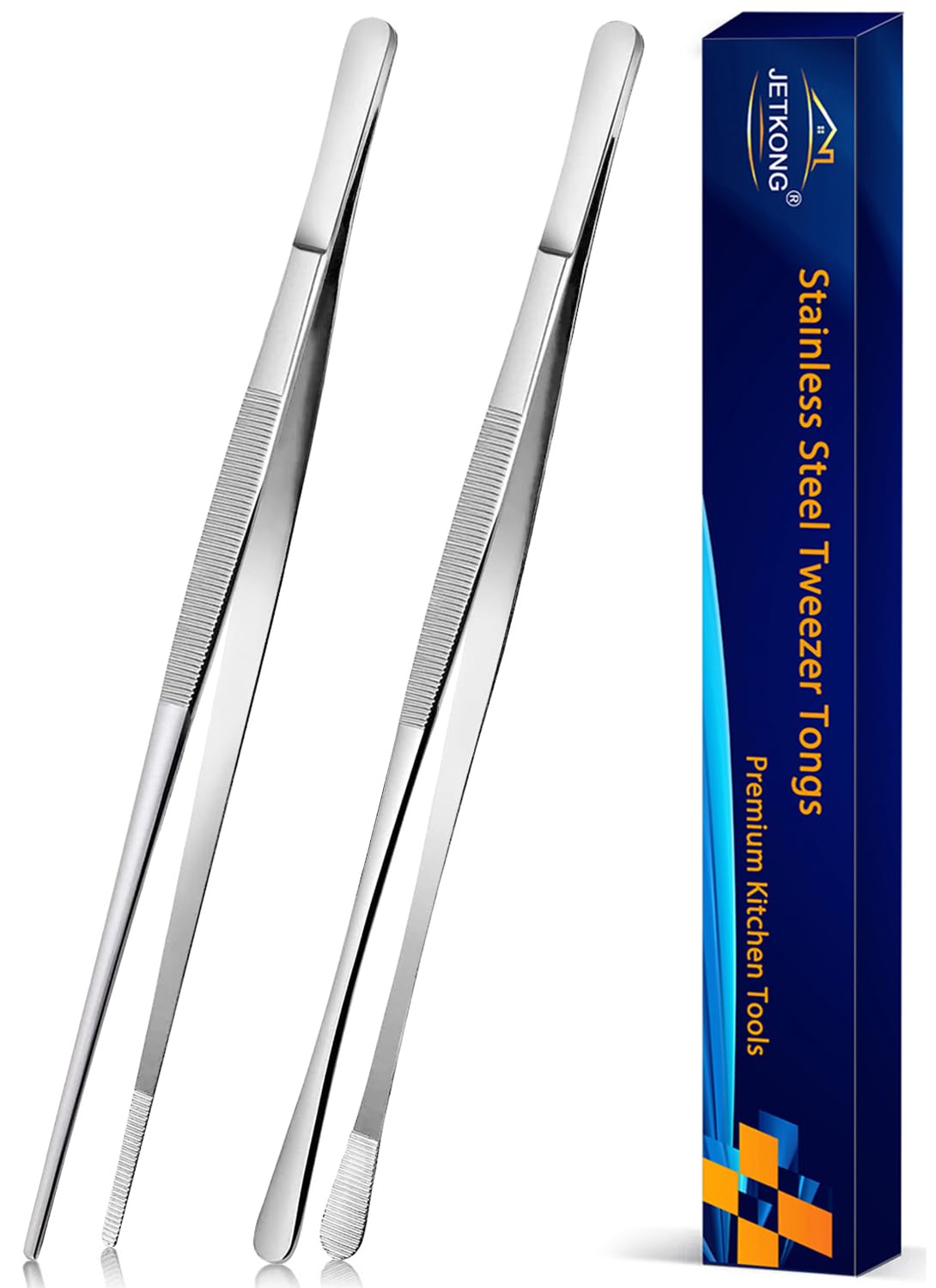 JETKONG 2 Pcs 12-Inch Kitchen Tweezers Tongs with Precision Serrated Tips, Stainless Steel Chef Tweezer Professional Cooking Tweezers for BBQ, Plating and Serving (12-Inch, Black)